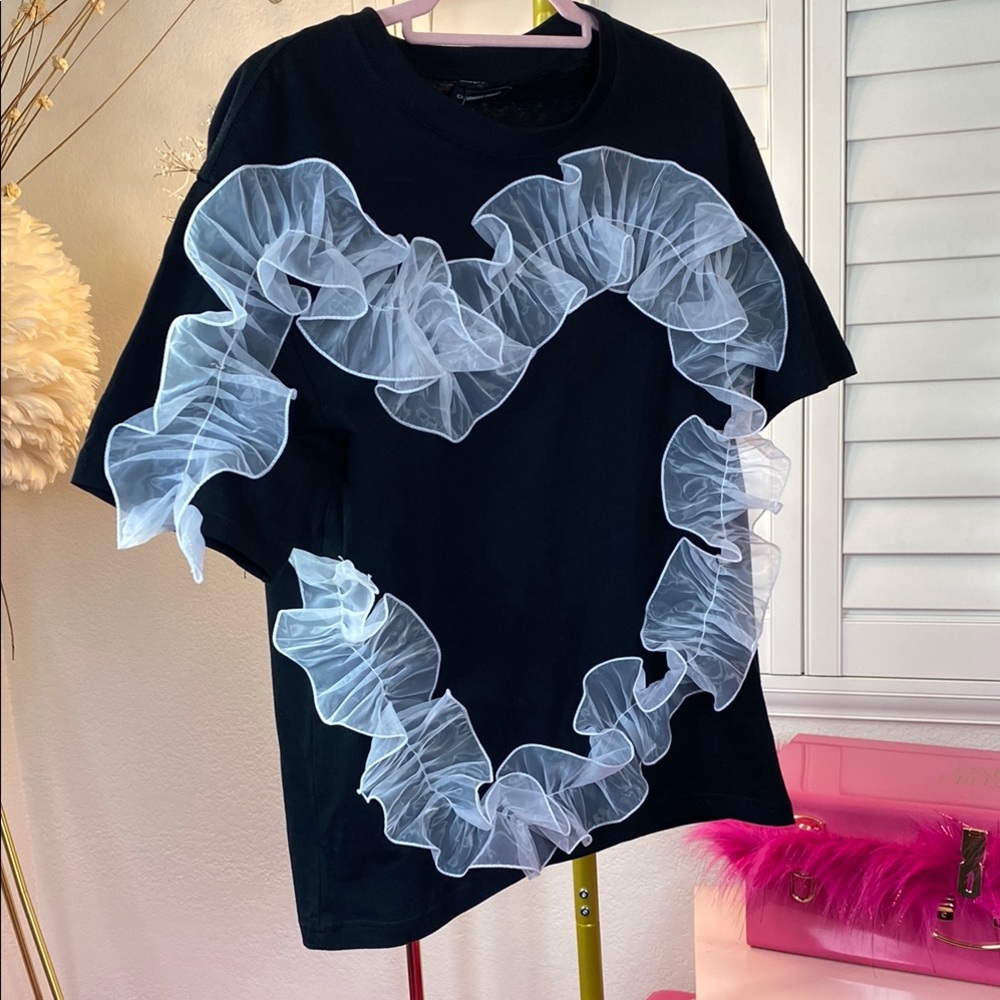 Black Ruffle Heart Short Sleeve Tee